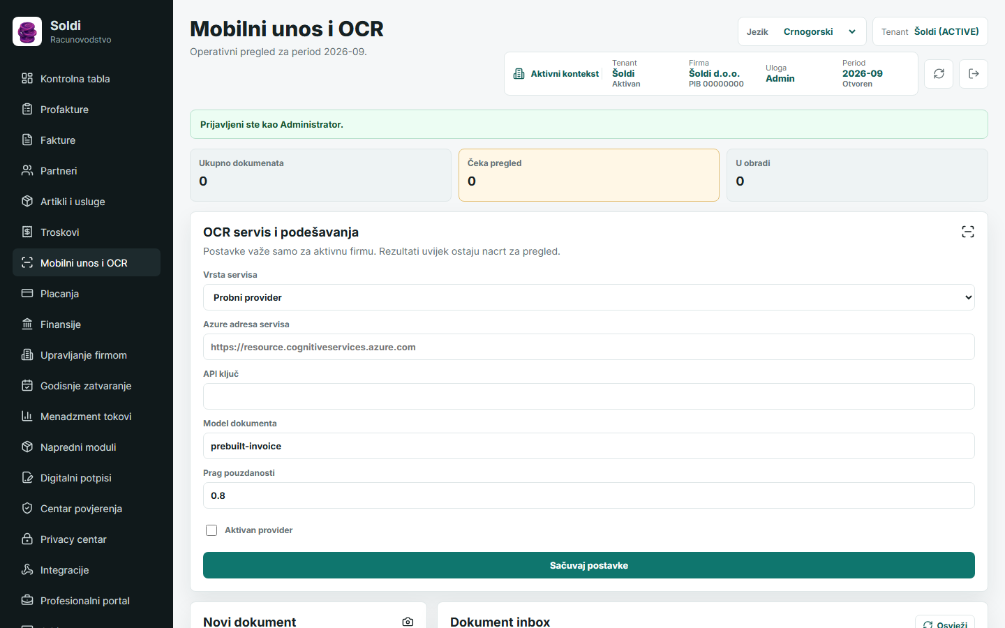 Šoldi ekran za mobilni unos, OCR podešavanja, novi dokument i dokument inbox